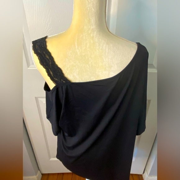None Tops - NWOT Black Silky Tee w/ Lace Cold Shoulder